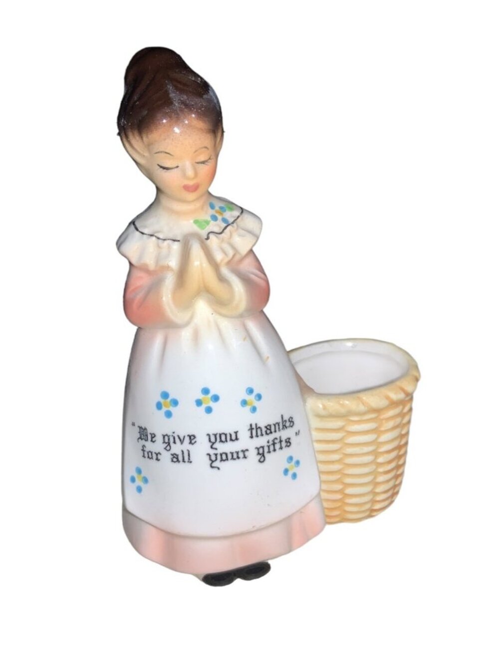 Prayer Lady Toothpick Holder  We Give You Thanks For All Your Gifts Floral Apron